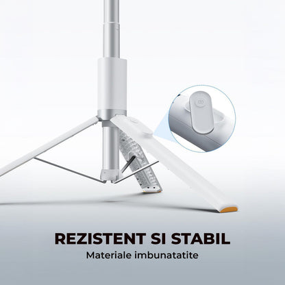 Trepied Foto Telescopic Profesional Elindor® Stativ Telefon 2-in1, cu Telecomanda Bluetooth si Functie Selfie Stick, Compatibil iPhone / Android, Tripod Universal, Suport Durabil si Usor, Unghi Ajustabil 180°, 32-159 cm, pentru Foto / Video, Alb