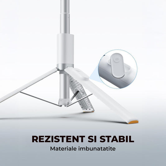 Trepied Foto Telescopic Profesional Elindor® Stativ Telefon 2-in1, cu Telecomanda Bluetooth si Functie Selfie Stick, Compatibil iPhone / Android, Tripod Universal, Suport Durabil si Usor, Unghi Ajustabil 180°, 32-159 cm, pentru Foto / Video, Alb