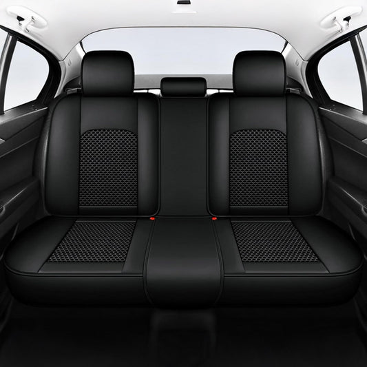 Set 5 Huse Scaune Auto Elindor®, Impermeabile, Universale, Protectie Fata/Spate, Piele Ecologica si Matase Sintetica, Compatibile cu Logan, Golf, Qashqai, Tucson, Montaj Rapid, Accesorii Masina Interior, Negru