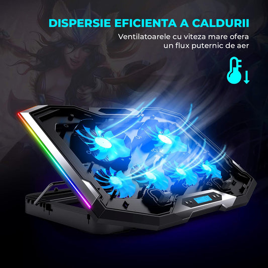 Cooler Laptop Gaming RGB Elindor® Suport cu Unghi Reglabil pe 5 Niveluri, Dimensiuni Compatabile 15-17.3 Inch, 6 Ventilatoare Puternice si Silentioase 30dB cu Viteza Ajustabila, 2 Porturi USB, Suport Telefon, Ecran LCD, pentru Birou, Calatorii, Negru