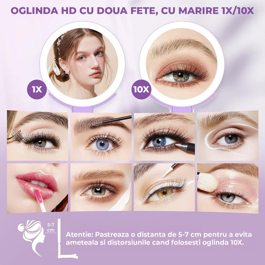 Oglinda Cosmetica Pliabila Elindor® Rotire 360°, Efect de Marire Lupa 10x, Oglinzi Cosmetice pentru Coafor, Frizerie, Barbierit, Pensat, Vopsit, Tuns, Machiaj, ABS Durabil, 3 Culori Lumina, in Mana sau pe Masa, 26.4x16 cm,  cm, Mov