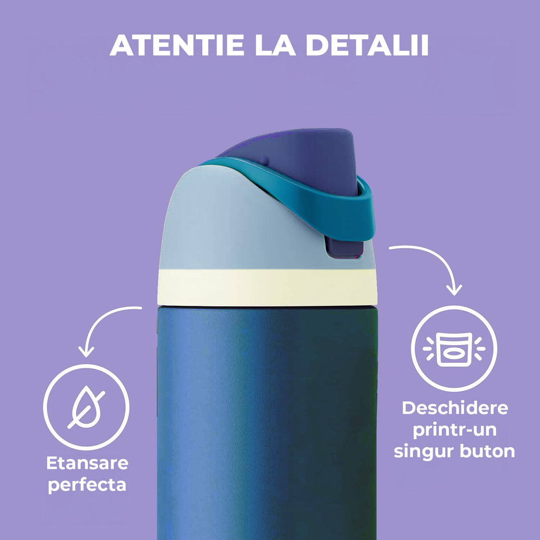 Cana Termos cu Gura Dubla Elindor® din Otel Inoxidabil, Izolatie cu Pereti Dubli, Deschidere Capac prin Apasare de Buton, Capacitate 710 ml, Rezistenta la Scurgeri, fara BPA, Ideala pentru Apa, Ceai, Cafea sau Smoothie, Albastru Verzui