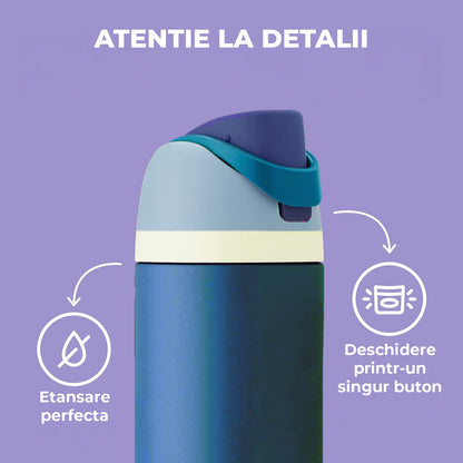 Cana Termos cu Gura Dubla Elindor® din Otel Inoxidabil, Izolatie cu Pereti Dubli, Deschidere Capac prin Apasare de Buton, Capacitate 710 ml, Rezistenta la Scurgeri, fara BPA, Ideala pentru Apa, Ceai, Cafea sau Smoothie, Albastru Verzui