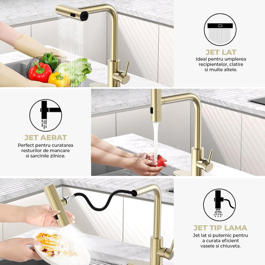 Baterie Chiuveta Bucatarie Aurie Elindor® Robinet de Apa, Modern cu Pipa Flexibila, Cap Dus Extractabil cu Patru Functii, Monocomanda, Rotativ 360°, pentru Bucatarie, Otel Inoxidabil 304, Finisaj Lucios