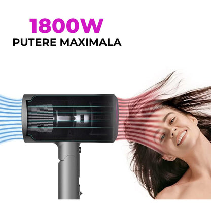 Uscator de Par Elindor®, 1800W, Tehnologie cu Ioni Negativi, 3 Trepte de Temperatura si Viteza, Jet de Aer Rece, 3 Duze pentru Coafare, Design Compact si Pliabil, Negru/Mov