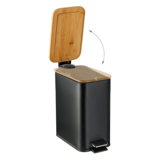 Cos de Gunoi Bucatarie Elindor® cu Pedala, cu Capac din Bambus, Capacitate 5L, Galeata Detasabila, Maner Transport, Multifunctional, Ideal in Bucatarie, Baie, Birou, Camara, Living, Dormitor, Potrivit pentru Colectare Selectiva, Negru