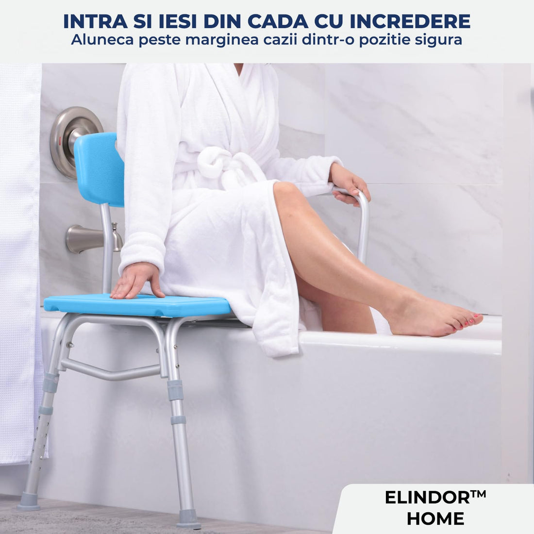 Scaun pentru Cada și Duș Elindor® cu Spătar și Mâner Detasabil, Albastru