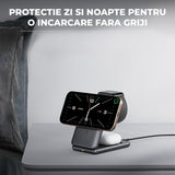 Incarcator Wireless 3-in-1 Elindor® Pliabil, Fast Charge 15W, Compatibil iPhone, Apple Watch, AirPods, Negru