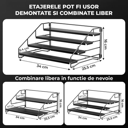 Organizator Condimente Elindor® pe 4 Niveluri, Suport Organizare, pe Blat sau in Dulap, sub Chiuveta, Suport Metalic, pentru Bucatarie, Baie, Camara, Bar, Raft cu Sertare Depozitare Condimente, 25.5 × 34 × 16 cm, Negru