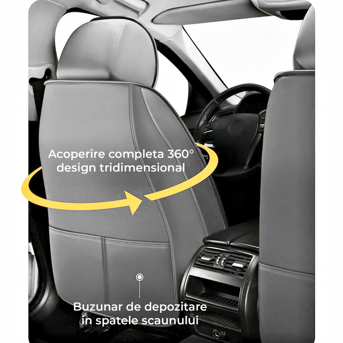 Set 2 Huse Scaune Auto Elindor®, Piele Ecologica/Textil, Protectie Scaun Sofer, Montaj Rapid, Husa Impermeabila, Acoperire Spatar si Sezut, Accesorii Masina Interior, Universale Compatibile cu VW, Dacia, Renault, BMW, Ford, Skoda, Hyundai, Gri