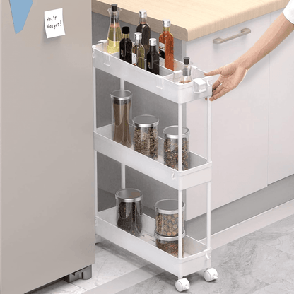 Carucior de Depozitare Slim Elindor®, Organizare, 3 Niveluri, Carlige pentru Chei, Organizator Multifunctional pentru Baie, Birou, Bucatarie, Spalatorie, Locuri Inguste, ABS, Alb