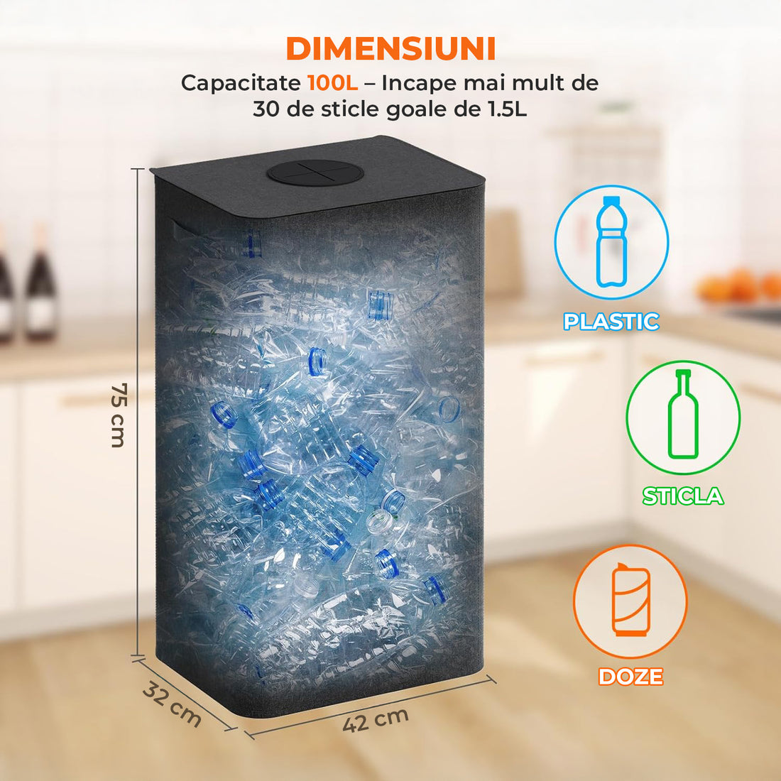 Cos pentru Reciclare Elindor® Capacitate 100L, din Material Textil cu Capac Ranforsat, Multifunctional, pentru Bucatarie sau Camara, Cos Gunoi Potrivit pentru Colectare Selectiva a Sticlelor de Plastic, 42 x 32 x 75 cm, Negru