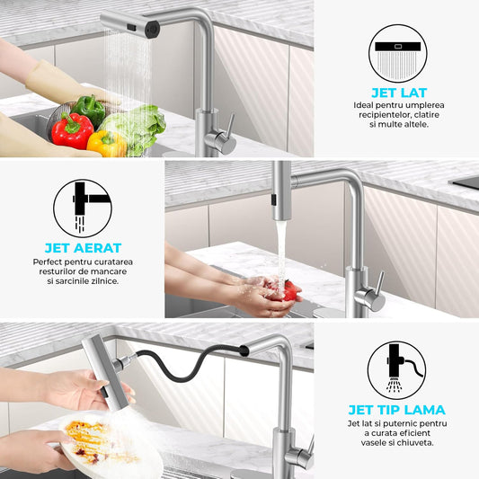 Baterie Chiuveta Bucatarie Argintie Elindor® Robinet de Apa, Modern cu Pipa Flexibila, Cap Dus Extractabil cu Patru Functii, Monocomanda, Rotativ 360°, pentru Bucatarie, Otel Inoxidabil