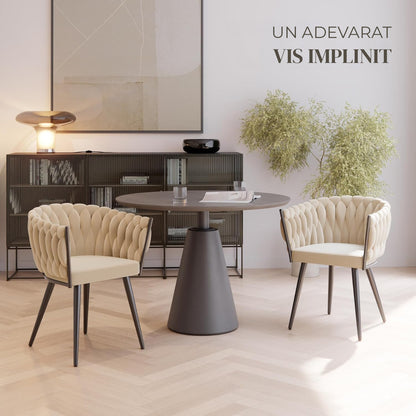 Set 2 Scaune Elindor® Ergonomice, Tip Scoica, Design Contemporan, Scaun cu Spatar si cu Manere, din Catifea cu Picioare Metalice Aurii, Potrivite pentru Living, Bucatarie, Birou, Dormitor, Latime Sezut 44 cm, 71 x 50 x 45 cm, Bej