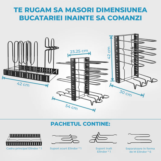 Organizator Vase Elindor®, Suport Oale Chiuveta, Ideal pentru Farfurii, Oale, Tigai, cu 8 Compartimente si 8 Niveluri, pentru Bucatarie Multifunctional, pentru Blat sau in Dulap, 42x20x54.5, Negru