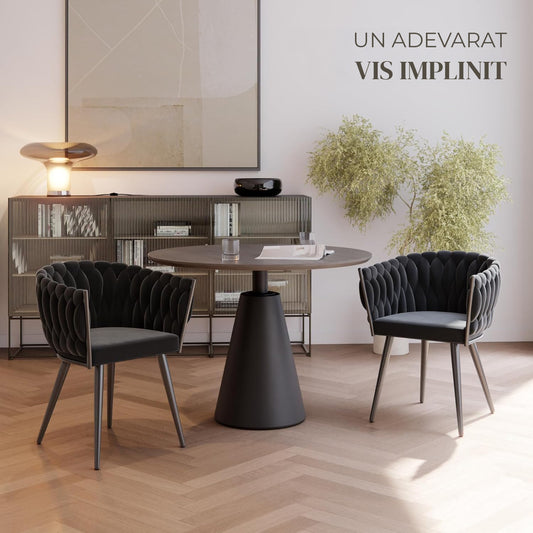 Set 2 Scaune Elindor® Ergonomice, Tip Scoica, Design Contemporan, Scaun cu Spatar si cu Manere, din Catifea cu Picioare Metalice Aurii, Potrivite pentru Living, Bucatarie, Birou, Dormitor, Latime Sezut 44 cm, 71 x 50 x 45 cm, Negru