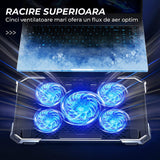 Cooler Laptop Gaming RGB Elindor® Suport cu Unghi Reglabil 6-12 cm, Dimensiuni Compatabile 12-17.3 Inch, 5 Ventilatoare Puternice si Silentioase 15dB cu Viteza Ajustabila, 2 Porturi USB, pentru Birou, Calatorii, 41,6 x 28,5 x 2,8 cm, Negru