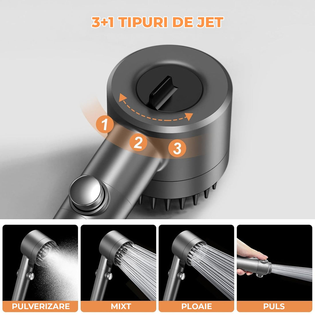 Para Dus cu Filtru 15 Straturi Elindor® Elimina Clor, Metale Grele, Impuritati, 4 Tipuri Jet, Perie Masaj Silicon, Furtun 1,5 m, Instalare Rapida, Pachet Complet cu Garnituri si Banda Etansare, Gri