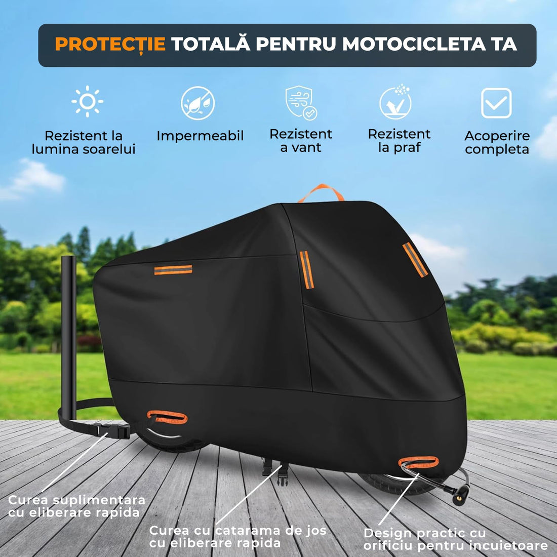 Husa Motocicleta Neagra Pliabila Elindor® Marime XL pentru Exterior, Rezistenta la Ploaie, Vant, Zapada si Praf, Prindere Sigura, Material Durabil Oxford, Potrivit pentru Scuter si Motor, Usor de Intretinut, Protectie Totala, Accesorii Moto