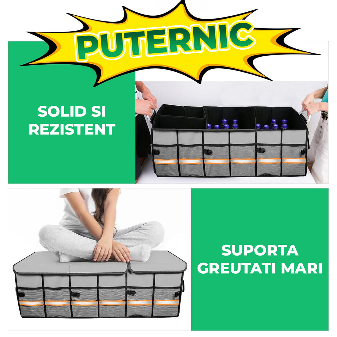 Organizator Auto Portbagaj Elindor®, Antiderapant, Impermeabil, Pliabil, Compartimente Multiple, Organizator Cargo pentru SUV, Depozitare Portbagaj, Dimensiuni 89 x 35 x 30 cm, Manere Aluminiu, Banda Reflectorizanta, Accesorii Auto, Gri