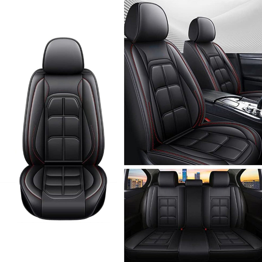 Set 5 Huse Negre Scaune de Masina Elindor®, Huse Auto Piele, Impermeabile, Universale, Protectie Scaun Fata si Spate, Montaj Rapid, Accesorii Masina Interior
