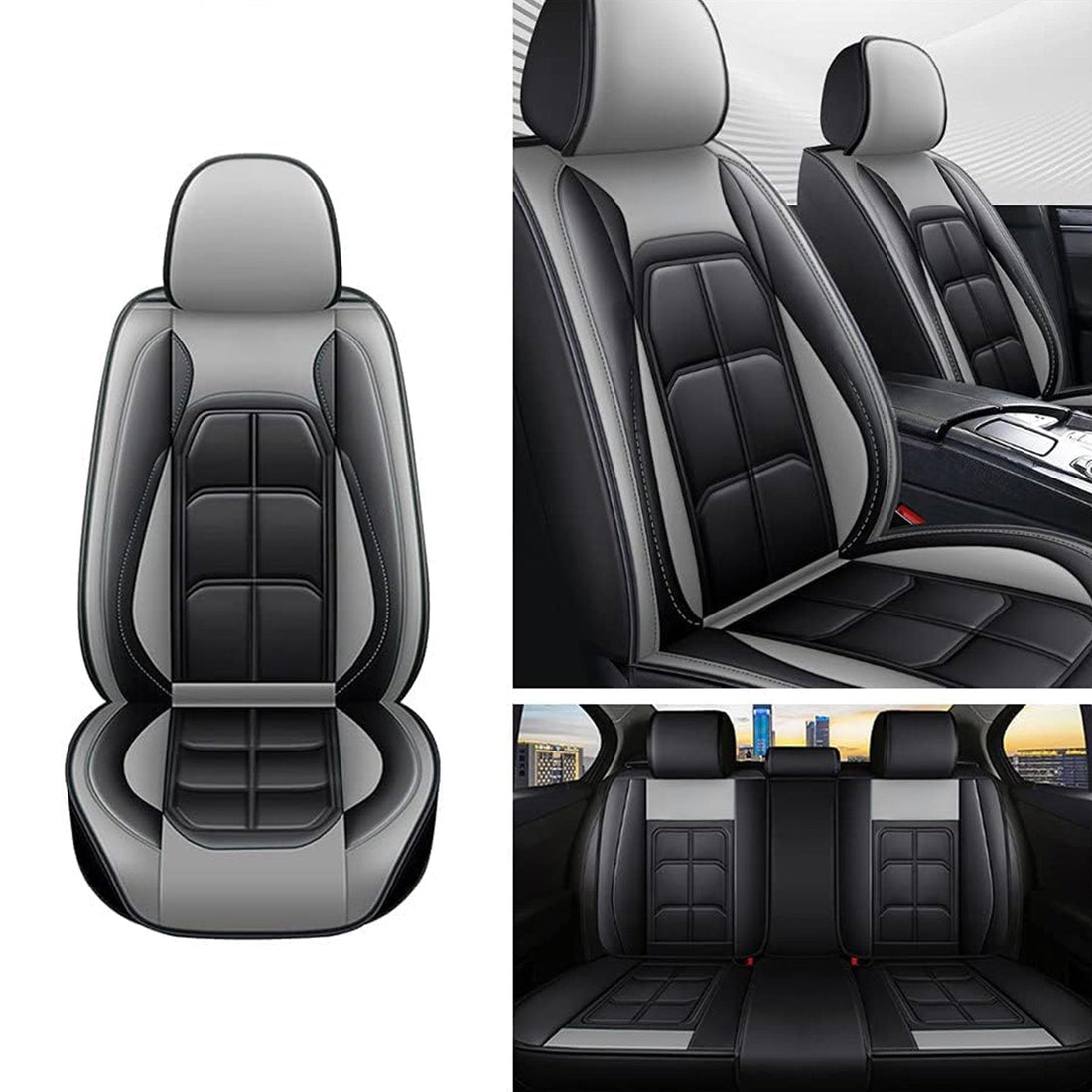 Set 5 Huse Gri Deschis, Scaune de Masina Elindor®, Huse Auto Piele, Impermeabile, Universale, Protectie Scaun Fata si Spate, Montaj Rapid, Accesorii Masina Interior