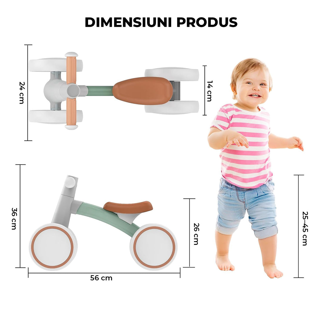 Bicicleta Fara Pedale Elindor® pentru Copii, cu 4 Roti, Usoara, Silentioasa, Robusta, Sa Ergonomica, Dezvolta Echilibrul si Coordonarea, pentru Copii de 12-24 Luni, 36 × 56 × 25 cm, Verde