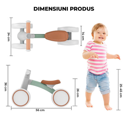 Bicicleta Fara Pedale Elindor® pentru Copii, cu 4 Roti, Usoara, Silentioasa, Robusta, Sa Ergonomica, Dezvolta Echilibrul si Coordonarea, pentru Copii de 12-24 Luni, 36 × 56 × 25 cm, Verde