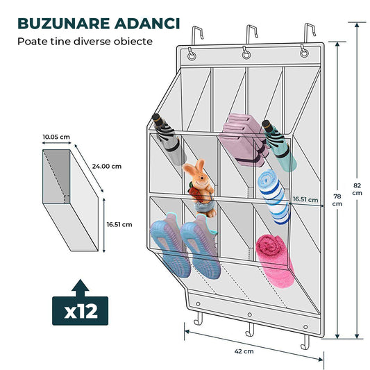 Organizator Suspendat pentru Pantofi Elindor® cu 12 Buzunare Mari si 3 Carlige Metalice, Fara Gauri, Suport Textil pentru Usa, Dulap, Hol, Dormitor, Rulota, Economisire Spatiu, Agatare Rapida, Depozitare Accesorii, Incaltaminte, Produse Curatenie, Gri