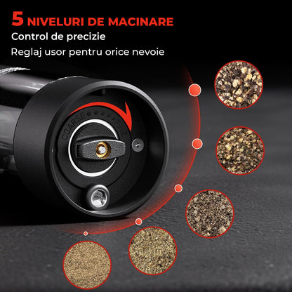 Set 2 Rasnite Electrice Elindor® Rasnita Electrica Led pentru Sare si Piper, Solnita si Pipernita din Sticla, Recipient Condimente cu Senzor Gravitational, Reglare Grosime Macinare x5, Operare cu o Mana, pentru Bucatarie, 16x7.5 cm, Transparent / Negru