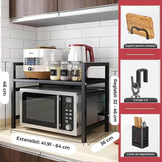 Raft Elindor® din Otel Carbon, Extensibil pentru Bucatarie, Organizator Metalic Reglabil, Ideal ca Etajera Depozitare Deasupra Cuptorului cu Microunde in Camara sau Birou, Perfect pentru Condimente, Vesela, Farfurii, Stabil si Compact, Polita pentru Obiec
