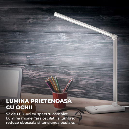 Lampa de Birou Elindor® Argintie cu LED, Pliabila, Incarcare USB si Incare Wireless Telefon, 5 Moduri Lumina Camera Rece/Cald si 5 Intensitati, Veioza Control prin Atingere, Potrivita si pentru Noptiera in Dormitor, Oprire Automata, 39 x 3 x 10,8 cm