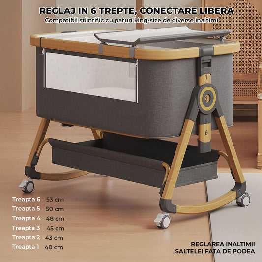 Patut Pliabil Bebelusi Elindo® 3 in 1, pentru Copii 0-36 luni, Leagan Bebe pe 2 Etaje, Cos Depozitare, 6 Trepte de Inaltime Reglabila, Portabil, Plasa Laterala, Plasa Anti-insecte, Roti cu Sistem Blocare, Saltea Integrata, Greutate Maxima 15 kg, Gri