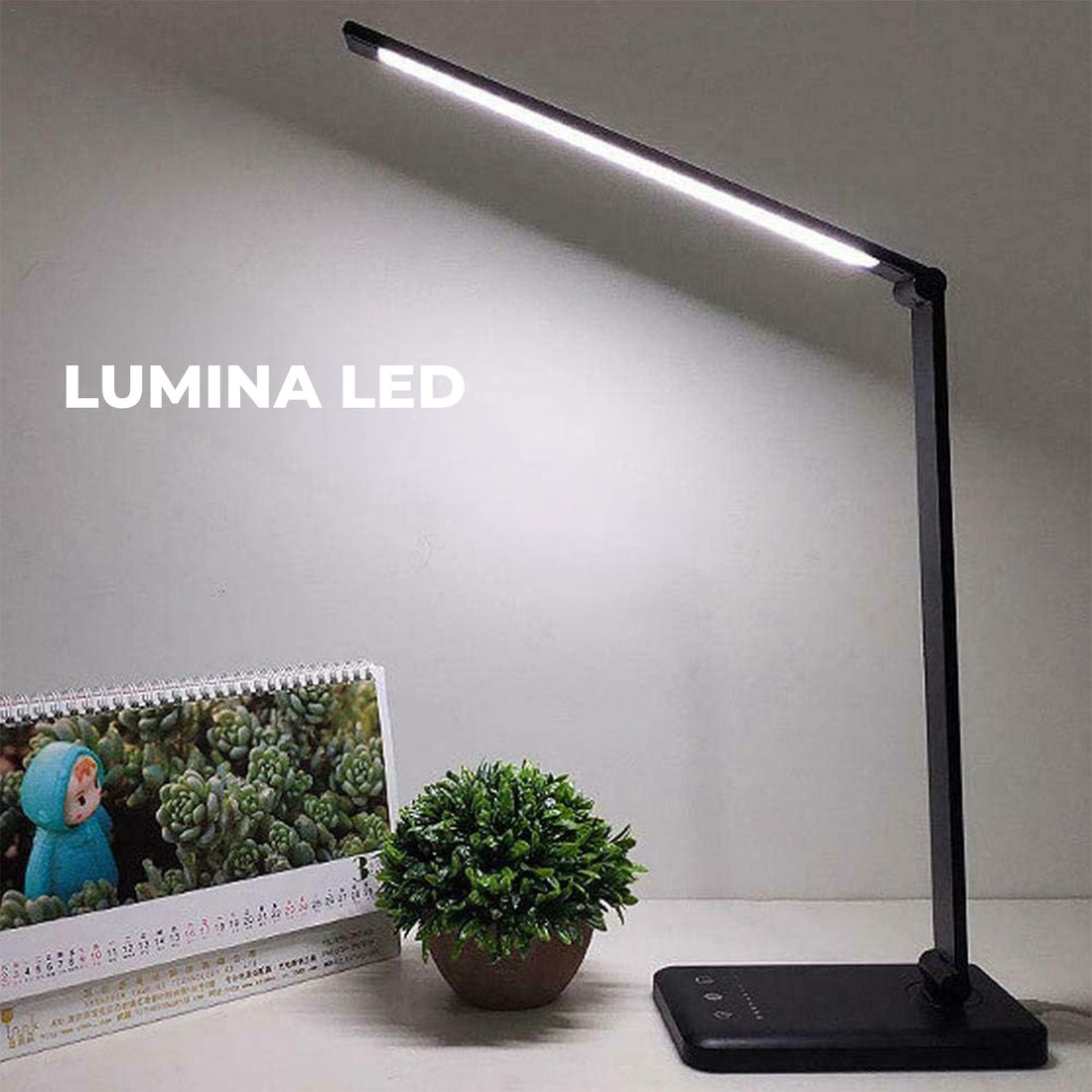 Lampa de Birou Elindor® Neagra cu LED, Pliabila, Incarcare USB si Incare Wireless Telefon, 5 Moduri Lumina Camera Rece/Cald si 5 Intensitati, Veioza Control prin Atingere, Potrivita si pentru Noptiera in Dormitor, Oprire Automata, 39 x 3 x 10,8 cm