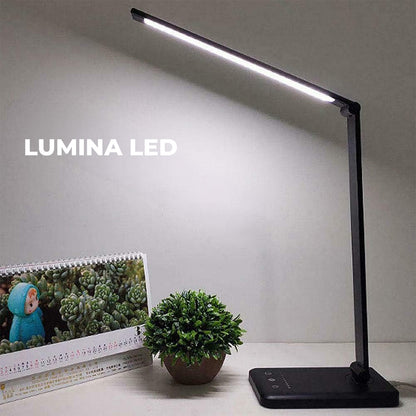 Lampa de Birou Elindor® Neagra cu LED, Pliabila, Incarcare USB si Incare Wireless Telefon, 5 Moduri Lumina Camera Rece/Cald si 5 Intensitati, Veioza Control prin Atingere, Potrivita si pentru Noptiera in Dormitor, Oprire Automata, 39 x 3 x 10,8 cm