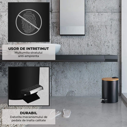 Cos de Gunoi Bucatarie Elindor® cu Pedala, cu Capac din Bambus, Capacitate 3L, Galeata Detasabila, Maner Transport, Multifunctional, Ideal in Bucatarie, Baie, Birou, Camara, Living, Dormitor, Potrivit pentru Colectare Selectiva, Negru