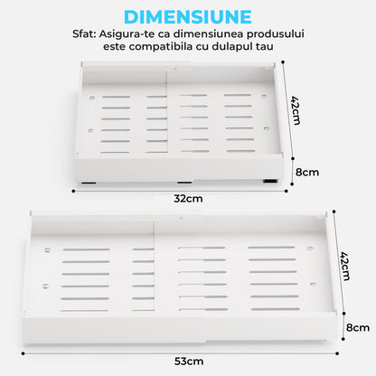 Organizator Multifunctional Elindor® Tip Sertar, cu Adeziv, Suport Metalic Dulap sub Blat Chiuveta, Inaltime Reglabila, 2x Sertar Glisant Organizare pentru Bucatarie, Baie, Camara, Bar, Raft cu Sertare Depozitare Detergenti, Parfumuri, 32-53x42x8 cm, Alb