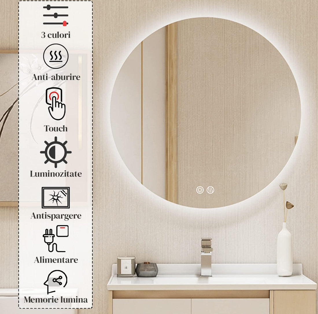 Oglinda Rotunda de Perete pentru Baie Elindor® cu Iluminare LED, 3 Culori de Lumina, Luminozitate Reglabila, Touch Control, Anti-Aburire, Anti-Spargere, Memorie Lumina, Marime 91.4 cm