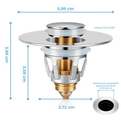 Dop Universal pentru Chiuveta Elindor, Dop de Scurgere Tip Pop-Up pentru Guri de Scurgere, Universal, cu Filtru pentru Par Anti-Infundare, Sita de Scurgere pentru Chiuveta de Baie sau Bucatarie, Argintiu