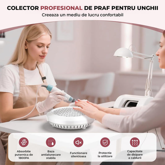 Aspirator Praf Unghii Elindor®, Colector Profesional Manichiura si Pedichiura, 8000 RPM, Aparat cu Ventilator Puternic si Filtru, 10x Viteza Reglabila, Design Compact si Portabil, 25.5x21x7 cm, Ideal pentru Salon sau Acasa, Alb