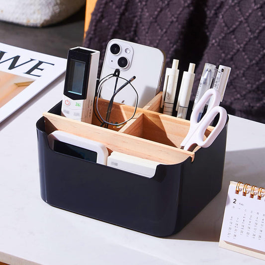 Cutie de Depozitare Elindor® din Bambus, cu 5 Compartimente Detasabile, Organizator de Birou, Potrivit si pentru Baie, Living, Bucatarie, pentru Creioane, Hartii, Rechizite, Pixuri, Suport Multufunctional, 18 x 14.8 x 10 cm, Negru