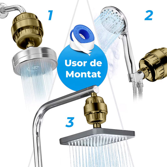 Filtru de apa Elindor® pentru dus, 20 Stagii de Filtrare, Infuzie Minerale si Vitamina C, Auriu