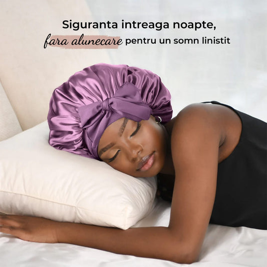 Boneta Satin Dubla Elindor® Pentru Protectia Parului, Banda Reglabila, Mov
