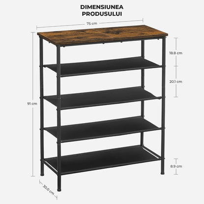 Organizator pentru Pantofi Elindor® Pantofar cu 5 Nivele Mari, Fara Gauri, Suport Metalic pentru Papuci, Dulap Hol, Dormitor, Economisire Spatiu, Depozitare Incaltaminte, 75 x 30 x 91 cm, Negru/Maro