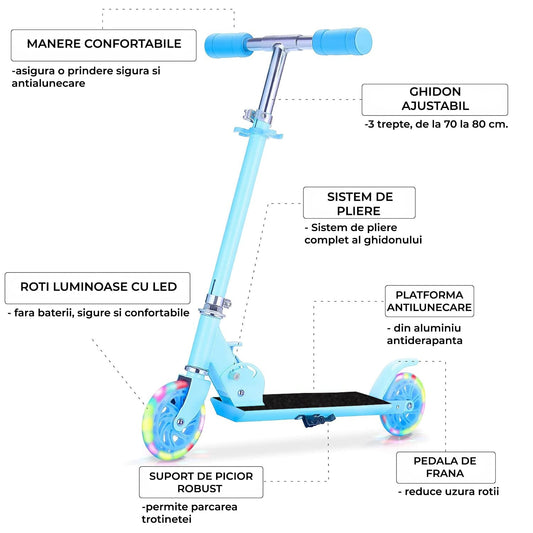 Trotinetă Elindor® Pliabilă cu Ghidon Ajustabil, Roți LED, Albastru