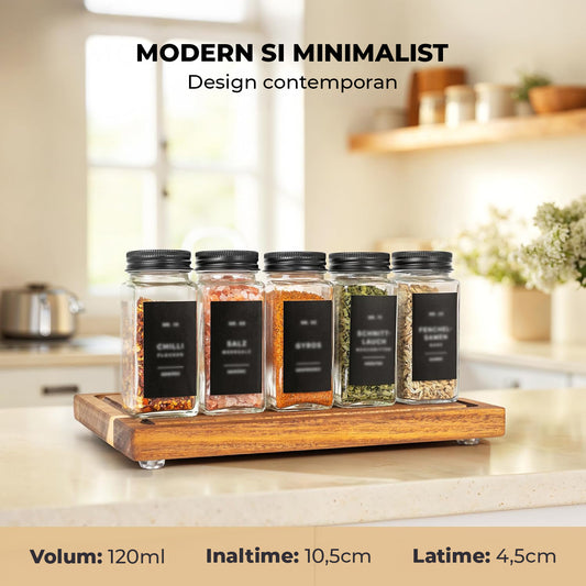 Set 24 Recipiente Condimente Elindor® din Sticla cu Capac Metalic Negru, cu Sita, Organizator Bucatarie, Organizatoare Sertar, Borcane 120 ml, 2 Tipuri de Etichete, Palnie Metalica, Transparent