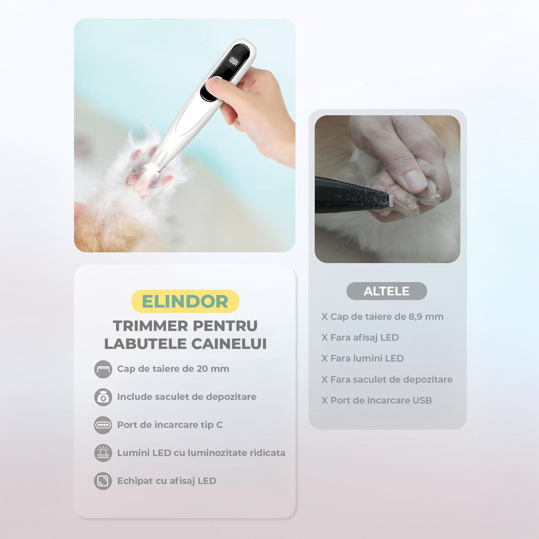 Masina de Tuns Elindor®, pentru Animale de Companie, Caini si Pisici, Lama din Otel Inoxidabil, Acumulator 1200mAh, 6500 RPM, Silentios, Aparat fara Fir cu Lumina LED, Perie Trimmer Ideala pentru Labute, Urechi, Fata si Ochi, Alb