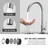 Baterie Chiuveta Bucatarie Argintie Elindor®, Robinet de Apa Modern, cu Pipa Inalta, Jet Reglabil si Aerisit, Monocomanda, Rotativ 360°, Otel Inoxidabil, Finisaj Lucios