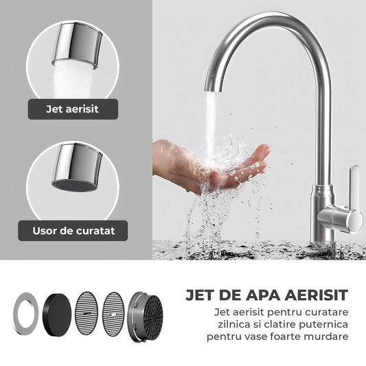 Baterie Chiuveta Bucatarie Argintie Elindor®, Robinet de Apa Modern, cu Pipa Inalta, Jet Reglabil si Aerisit, Monocomanda, Rotativ 360°, Otel Inoxidabil, Finisaj Lucios