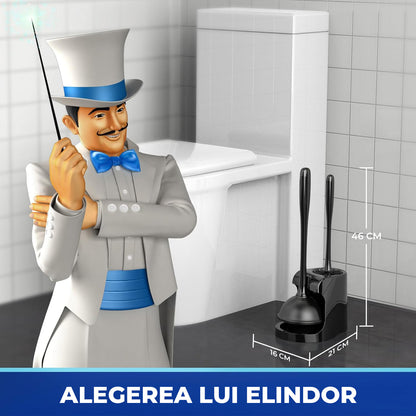 Set Perie WC si Pompa Silicon Elindor® de Toaleta sau Chiuveta, pentru Baie, Suport Discret, Maner Ergonomic, Perie 360°, Ventuza Puternica, fara Gaurire, Accesorii pentru Uz Casnic, Comercial, Rulote, 21 x 16 x 46 cm, Negru